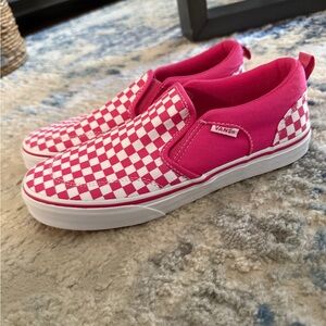 Vans Pink and White Checkerboard Slip-On Sneakers